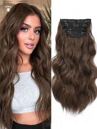 Hair Extensions 4PCS Clip In 20inch Wavy Hair Extensions Clip Ins Natural Brown Hair Extensions Full Head Synthetic Hair Pieces For Women