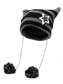1pc Punk Gothic Y2K Cute Black White Beanie Hats Striped Cat Ears Wool Hat Women Autumn Winter Warm Little Devil Knitted Crochet Beanie Hat Christmas - Multicolor - View 11