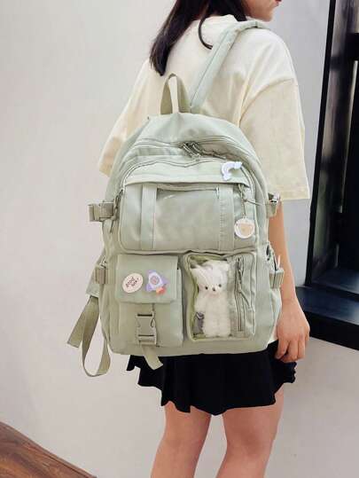 Mochila clásica de dos tonos con parche de letra, estilo escolar kawaii: linda mochila de nailon con alfileres y accesorios