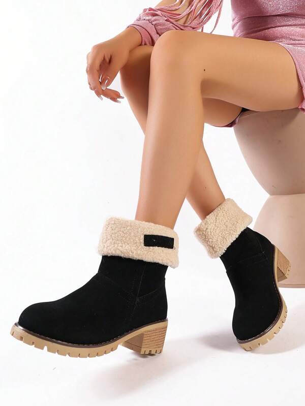 Women's Round Toe Chunky Heel Fashion Ankle Boots, Solid Upper, Fluffy Trim, Everyday, Campus, Outdoor Snow Boots, Classic Black Booties For Fall And Winter