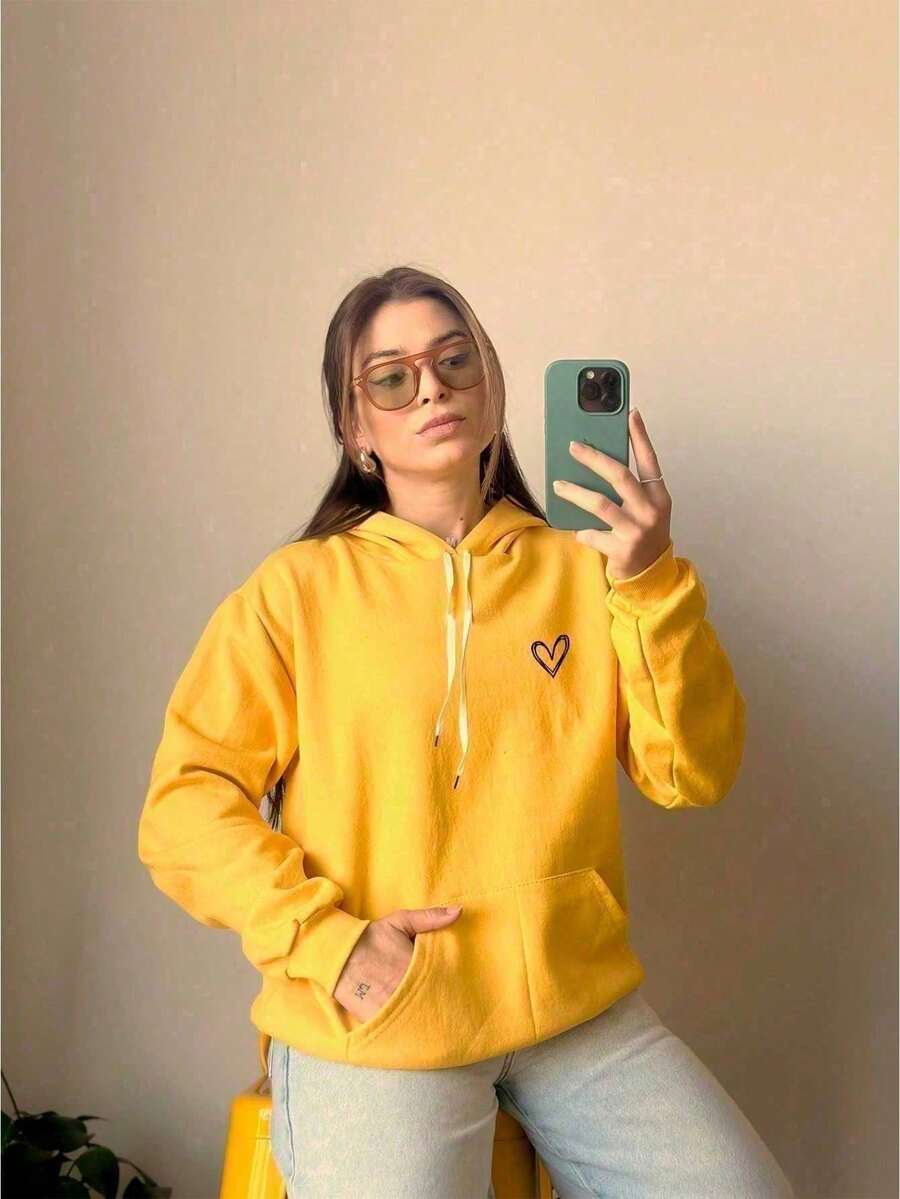 Simple Heart Sweatshirt Kangaroo Pocket Hooded Men's And Women's Sweatshirt Women's Tumblr Heart Cold Weather Blouse Streetwear Premium Coat 7061 - 黃色 - 查看 1