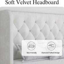 Modern Velvet Upholstered Bed Frame With Curved Wingback Design, Wooden Platform Bed Frame For Bedroom,No Box Spring Needed, Easy Assembly, Full Bed Frame/ Queen Bed Frame/ King Bed Frame/ Full Size Bed Frame/ Queen Size Bed Frame/ King Size Bed Frame,Pink/ White/ Grey - White - View 3