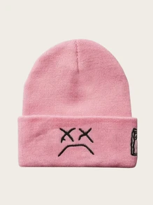 1 pieza Gorro de punto unisex de moda en negro y blanco con patrón bordado de cara triste y letra - Multicolor - Ver 15