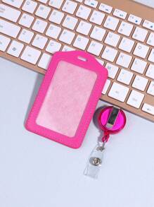 1pc Solid Color Card Cover With Card Buckle, Simple Portable Card Holder For Office, School, Student - Hot Pink - View 6