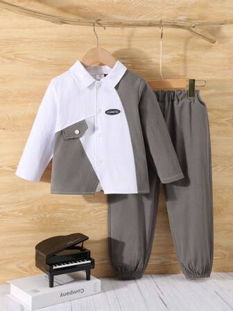 2 件套男童宽松休闲长袖衬衫和裤子套装，春秋