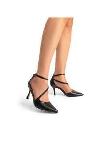 Women's Stiletto High Heels Strappy Pumps Closed Pointed Toe Ankle Strap Solid Color Fashionable Wedding Bridal Party Dress Shoes - 黑色/PU - 查看 2