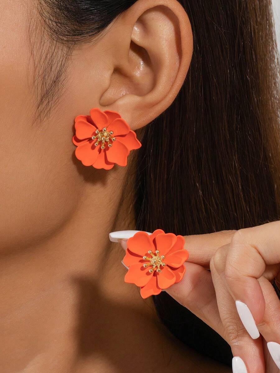 1 对时尚假日风格橙色花朵喷漆耳环，适合女士 - 查看 1
