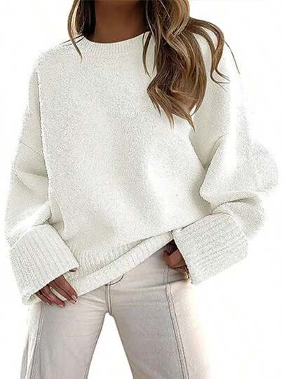 Suéteres de mujer de punto grueso y cálido casual de manga larga con cuello redondo, informal, tendencia, para otoño e invierno 2024