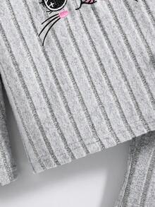 Tween Girl's Cat Embroidery Ribbed Hoodie And Flared Pants Set