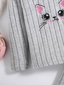 Tween Girl's Cat Embroidery Ribbed Hoodie And Flared Pants Set