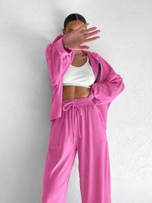 2pcs Street Wear Set - Loose Velvet Hoodie Sweatshirt And Elastic Waist Wide Leg Pants, Pink - Pink - View 3