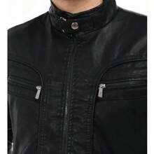 SUPER THICK LEATHER MOTORCYCLE JACKET, WATER AND COLD RESISTANT, WINDPROOF. - 黑色 - 查看 3