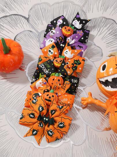6 件装南瓜和蝴蝶印花趣味发夹万圣节儿童装饰，适用于万圣节派对