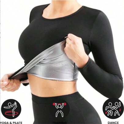 1 pieza Chaqueta de sauna de manga larga para ejercicios y fitness femeninos, Chaqueta de sudadera para mujer, Corsé deportivo moldeador para mujer, Cinturón lumbar para adelgazamiento de barriga, Accesorios deportivos para el gimnasio