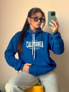 Women's Sweatshirt Winter Fashion California Letters Cute Kangaroo Sweatshirt Cold Weather California Hoodie Tumblr Cold Streetwear Premium Coat 7081 - Xanh đậm - Xem 1