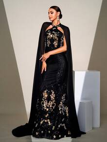 Missord Váy dạ hội đuôi cá thêu sequin, váy dạ hội trang trọng dài tay màu đen thanh lịch, dành cho khách dự tiệc cưới, tốt nghiệp, tiệc tối - màu đen - Xem 4