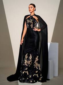 Missord Váy dạ hội đuôi cá thêu sequin, váy dạ hội trang trọng dài tay màu đen thanh lịch, dành cho khách dự tiệc cưới, tốt nghiệp, tiệc tối - màu đen - Xem 3
