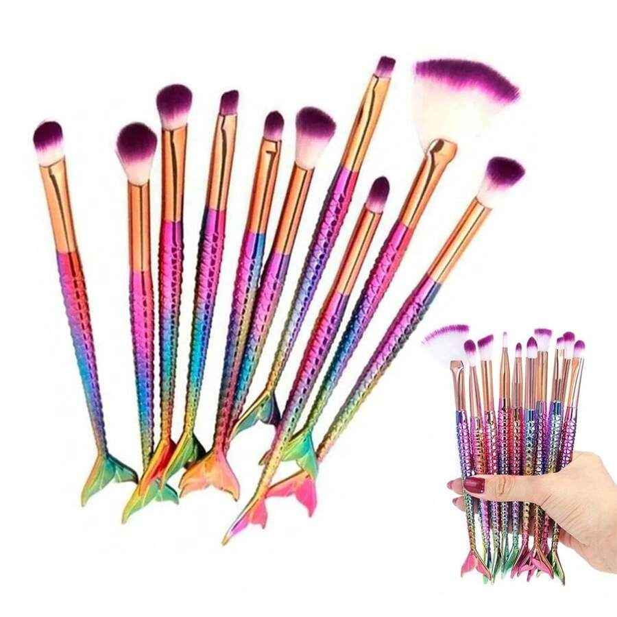 Mermaid Brush Kit 10 Pieces Eyeshadow Concealer Makeup Highlighter Make Up Eyeliner - 彩色 - 查看 1