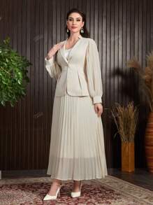 QIANZHIDU Traje elegante y estilizador con chaqueta de manga larga con cuello muescado y falda plisada de cintura alta de unicolor para mujeres