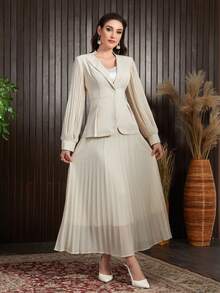 QIANZHIDU 女士缺口领长袖夹克和高腰褶皱纯色裙子优雅修身套装