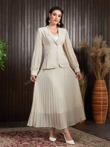 QIANZHIDU Traje elegante y estilizador con chaqueta de manga larga con cuello muescado y falda plisada de cintura alta de unicolor para mujeres