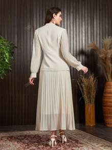 QIANZHIDU Traje elegante y estilizador con chaqueta de manga larga con cuello muescado y falda plisada de cintura alta de unicolor para mujeres