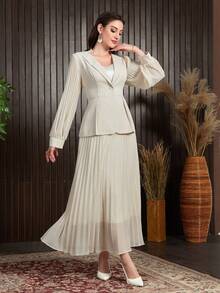 QIANZHIDU 女士缺口领长袖夹克和高腰褶皱纯色裙子优雅修身套装