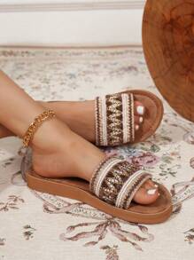 Women's Four Seasons Retro Court Style Casual Indoor Outdoor Brown Sandals , Roman Style Fashion Lightweight Comfortable Versatile Weaving Breathable Brown Slippers