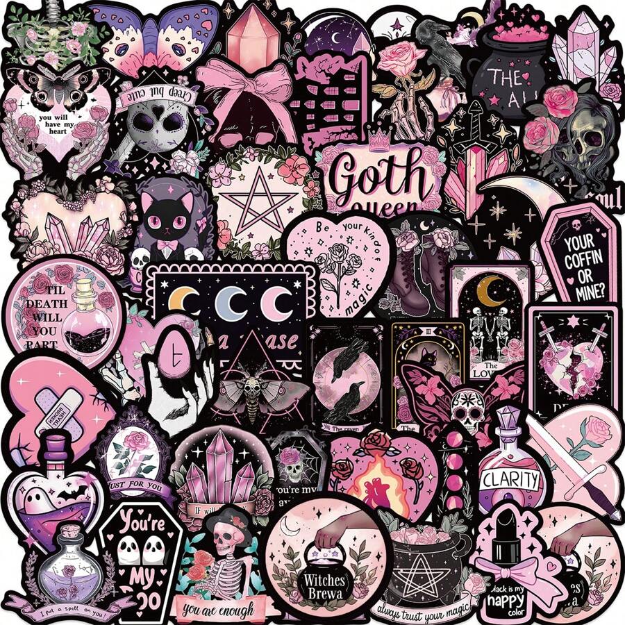 50 张深色哥特式万圣节贴纸乙烯基美学贴纸适用于剪贴簿、日记、笔记本电脑、保险杠、滑板、水瓶、电脑、手机、卡通、安全帽、汽车贴纸和贴花 - 彩色 - 查看 1