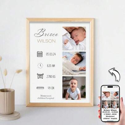 1pc Personalized Photo Newborn Birth Information Sign, Eucalyptus Editable Newborn Announcement Sign Canvas Poster Wall Art Pictures Baby Stat Board, Eucalyptus Nursery Decor Ornamental Exquisite, Modern, Contracted Custom, Personalized, Unique Ideal Gifts For Him Her, Boyfriend, Girlfriend, Dad, Mom, Family, Friends For Anniversaries, For Valentine's Day, For Mother's Day, For Birthdays, For Children's Day Father's Days, For Housewarming Dining Room, Living Room, Home, Valentine Day Decor