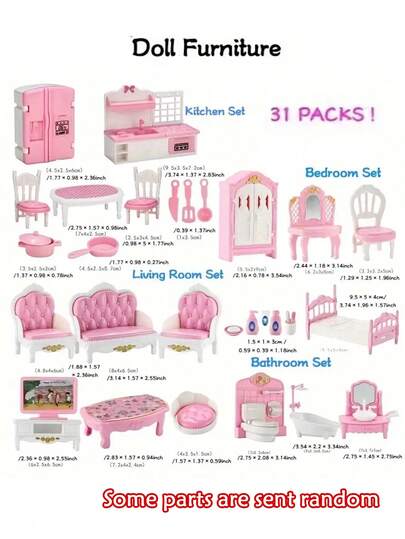 Stomle Family 31 件/套微型仿粉色欧式浴室、客厅、卧室、厨房豪华家具套件，1:12 比例娃娃屋配件，公主女孩玩具，书桌装饰，生日和节日礼物，颜色和款式随机