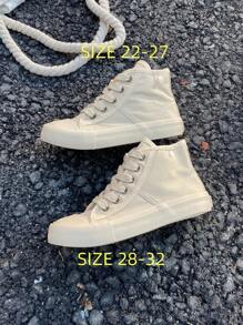 White Canvas Sneakers For Kids, Mid-Top Sports Shoes For Boys And Girls, Simple Korean Style, Spring/Autumn Casual Lace-Up Flat Classic Vulcanized Shoes