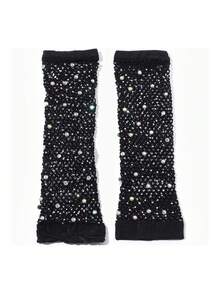 2 件中长款网眼水钻迪斯科半指网格手套，弹性彩色水钻渔网性感万圣节手套女式 - 黑色 - 查看 2