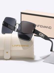 LINFEMAND Gafas decorativas sin marco de moda con degradado LINFEMAND, decoración con flores de perlas artificiales, adecuadas para mujeres, para fiestas de playa de verano, conducir, vacaciones, regalos para vacaciones de playa de verano, al aire libre, de viaje con decoración de perlas artificiales, estilo elegante de montura cuadrada sobredimensionada