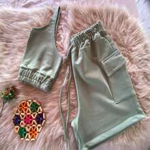 Malu Set: High-Rise Cargo Shorts + Cropped Top - The Sensation Of The Summer! - 薄荷綠 - 查看 2