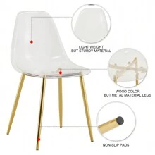 MUUOKY Dining Chairs Set Of 6 Armless Crystal Clear Dining Chairs Modern Plastic Kitchen Chairs,Accent Ghost Chairs With Golden Metal Legs For Kitchen,Dining Room,Living Room,Transparent - 金色 - 查看 4