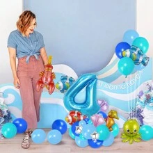 43个蓝色40英寸数字海洋动物气球套装，包含紫色/粉色贝壳、红色/蓝色小丑鱼、章鱼、海马、龙虾、银色五角星铝箔气球，适用于蓝色海洋动物主题生日派对、沙滩装饰、圣诞节 - 彩色 - 查看 6
