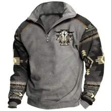 Mens Cowboy Vintage Bull Head Print Western Sweatshirt For Men Casual Long Sleeve 1/4 Zip Pullover - Xám - Xem 1