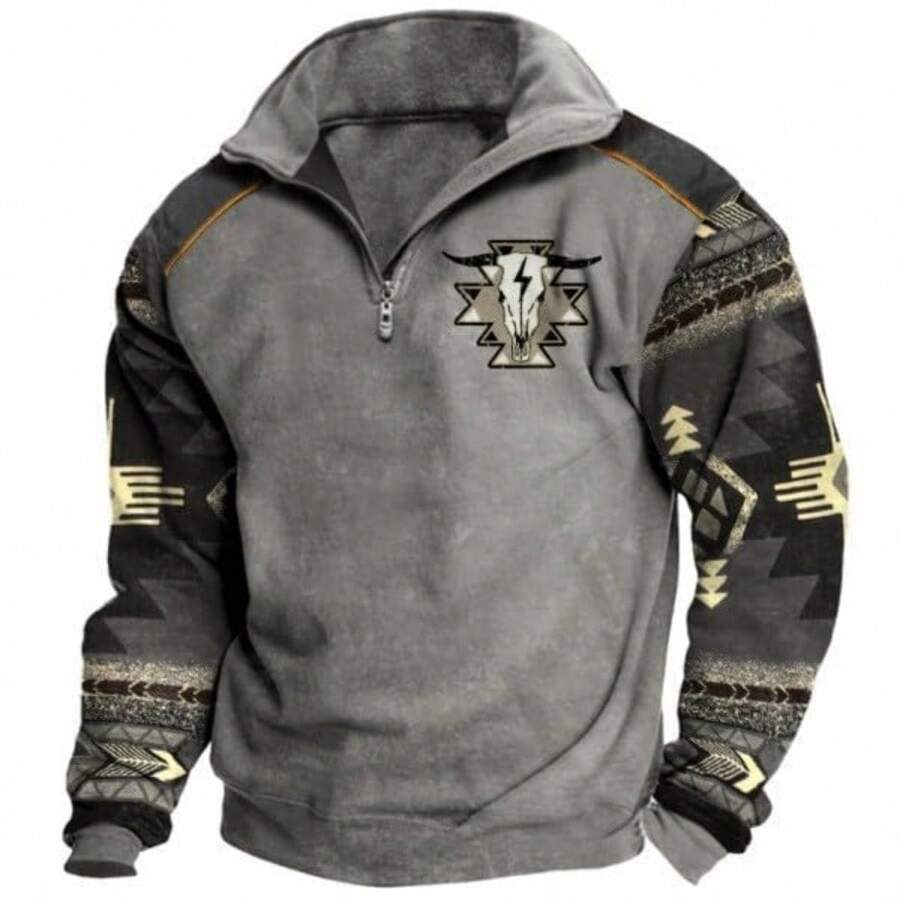 Mens Cowboy Vintage Bull Head Print Western Sweatshirt For Men Casual Long Sleeve 1/4 Zip Pullover - Xám - Xem 1