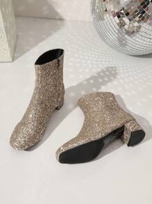 Botas de caña media con decoración de lentejuelas de moda para mujer de talla grande, puntera redonda, tacón grueso, cómodas botas cortas adecuadas para bailes, fiestas, bodas, zapatos nuevos de otoño e invierno