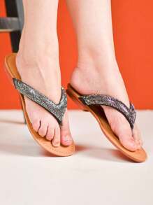 Women's Flat Sandal With Rhinestones Size 40 Size 41 Women's Slippers With Rhinestones - Negro - Ver 1