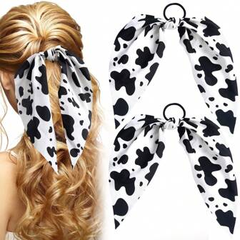 2 piezas Coletero con estampado de vaca para mujer, coleteros elásticos con estampado antideslizante, accesorios para el cabello con lazo de orejas de conejo, sujetadores de coleta para cabello rizado, liso, fino, grueso