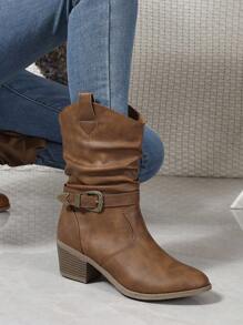 棕色搭扣褶皱圆头粗跟中筒休闲百搭女式骑马靴，秋冬季款，西部靴，牛仔靴