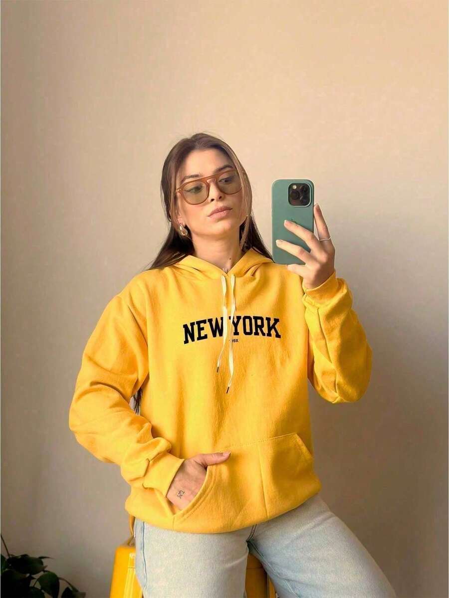 Unisex Kangaroo Sweatshirt With Hood Cotton Flannel Plush New York 199X 7059 - Màu vàng - Xem 1