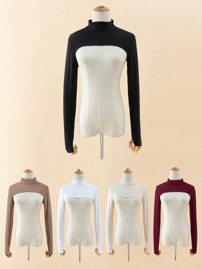 1pc Women's Plain Color Elastic Spandex Turtleneck Raglan Sleeve Bolero Shawl Collar Faux Jacket Top, Long Sleeve, Versatile Colors, Autumn/Winter
