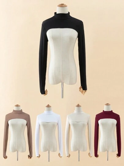 1pc Women's Plain Color Elastic Spandex Turtleneck Raglan Sleeve Bolero Shawl Collar Faux Jacket Top, Long Sleeve, Versatile Colors, Autumn/Winter