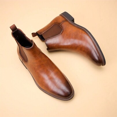 Men's Retro Chelsea Boots, Leather Short Boots With Thick Soles, Gentleman's Large Size Boots, Business Casual Boots For Wedding Party, Daily Commute