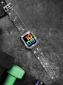 2 Packs Glitter Clear Bling Crystal Band With Bumper Case Compatible With Apple Watch 38/40/41/42/44/45/46/49mm, Jelly Sports Protective Replacement Wristband Strap Compatible With IWatch 10/9/8/7/6/5/4/3/2/1/SE Women Man