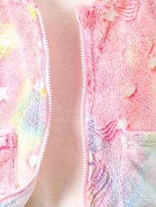 Girls Cute Unicorn Print Luminous Plush Splice Contrast Color Ribbed Minimalist Fluffy Jacket, Autumn/Winter - Pink - View 5