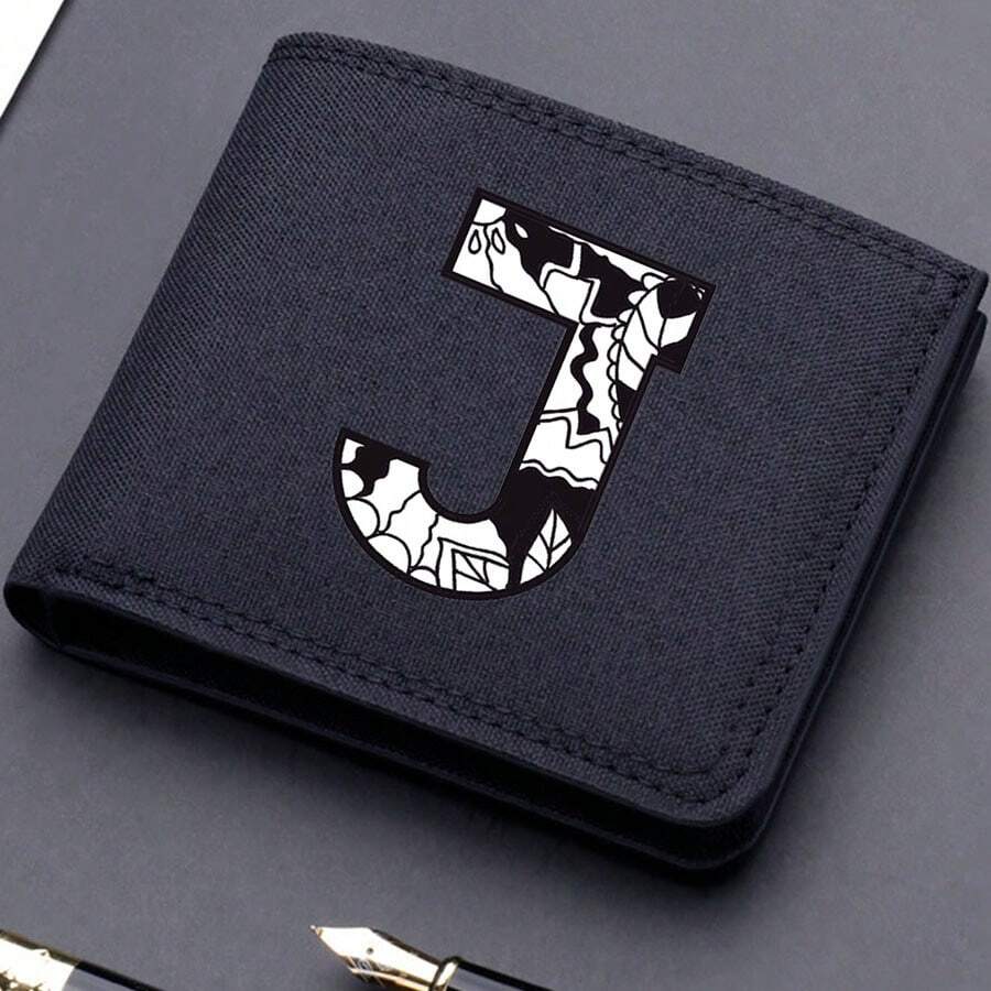 1pc Men's 26 Letters Printing Canvas Short Wallet Initial Name Double Fold Wallet Business Casual Short Wallet With Card Slots Wallet Small Card Case Gifts For Men Wallet Purse Wallet Small Wallet Men Wallet Leather - Black - View 1